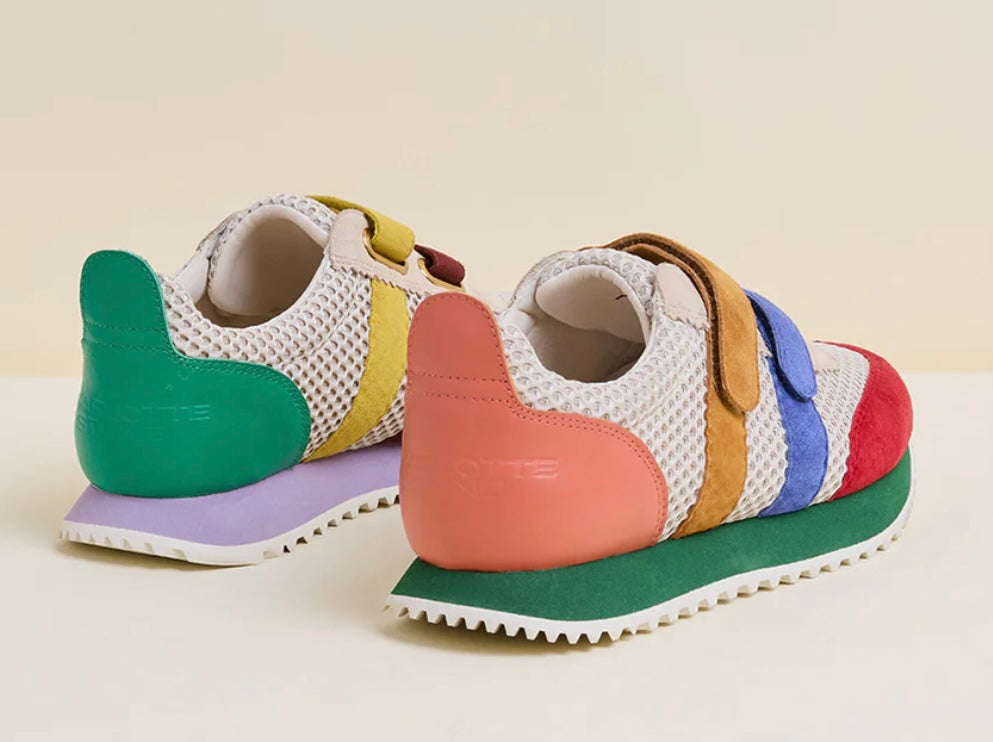Multicolored velcro sneaker pair heel view