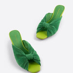 Green pleated kitten heel with open back pair from front top