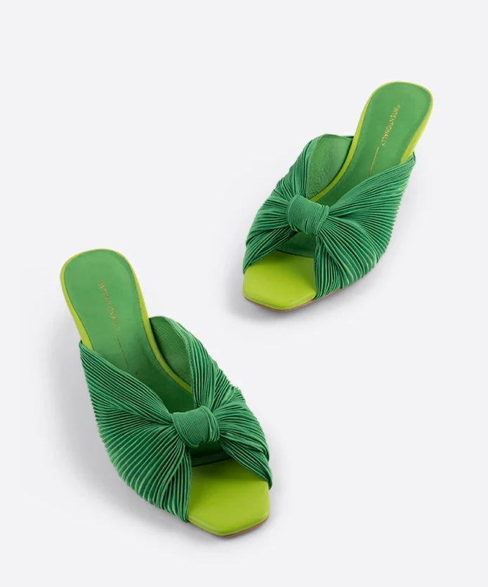 Green pleated kitten heel with open back pair from front top