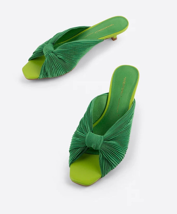 Green pleated kitten heel with open back pair from front side