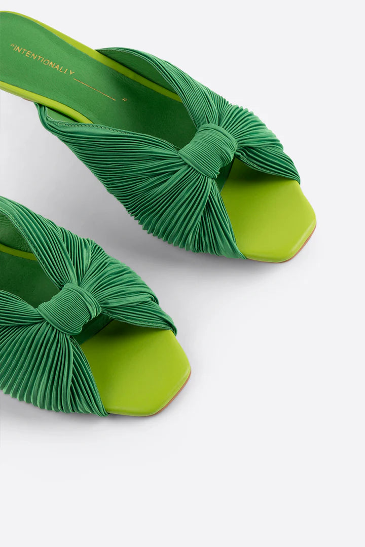 Green pleated kitten heel with open back pair close up front