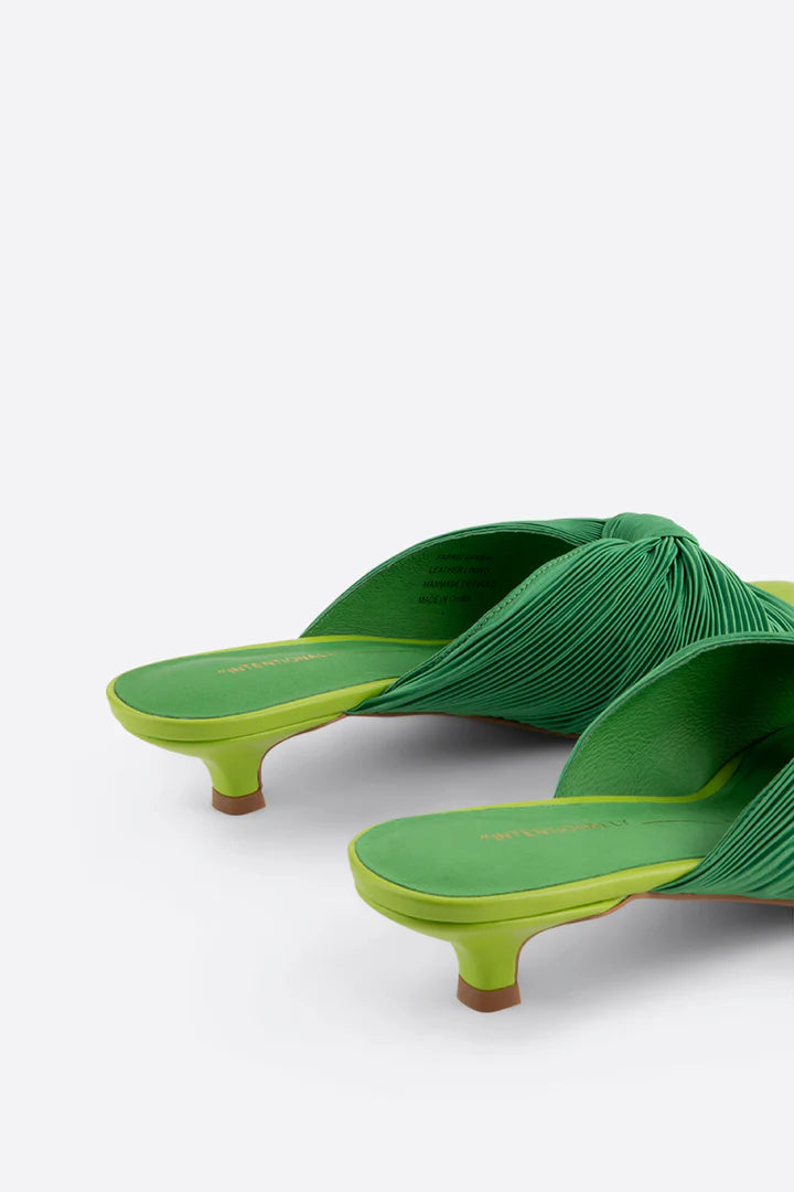 Green pleated kitten heel with open back pair close up heel