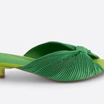 Green pleated kitten heel with open back close up