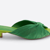 Green pleated kitten heel with open back close up