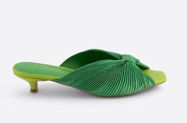 Green pleated kitten heel with open back close up