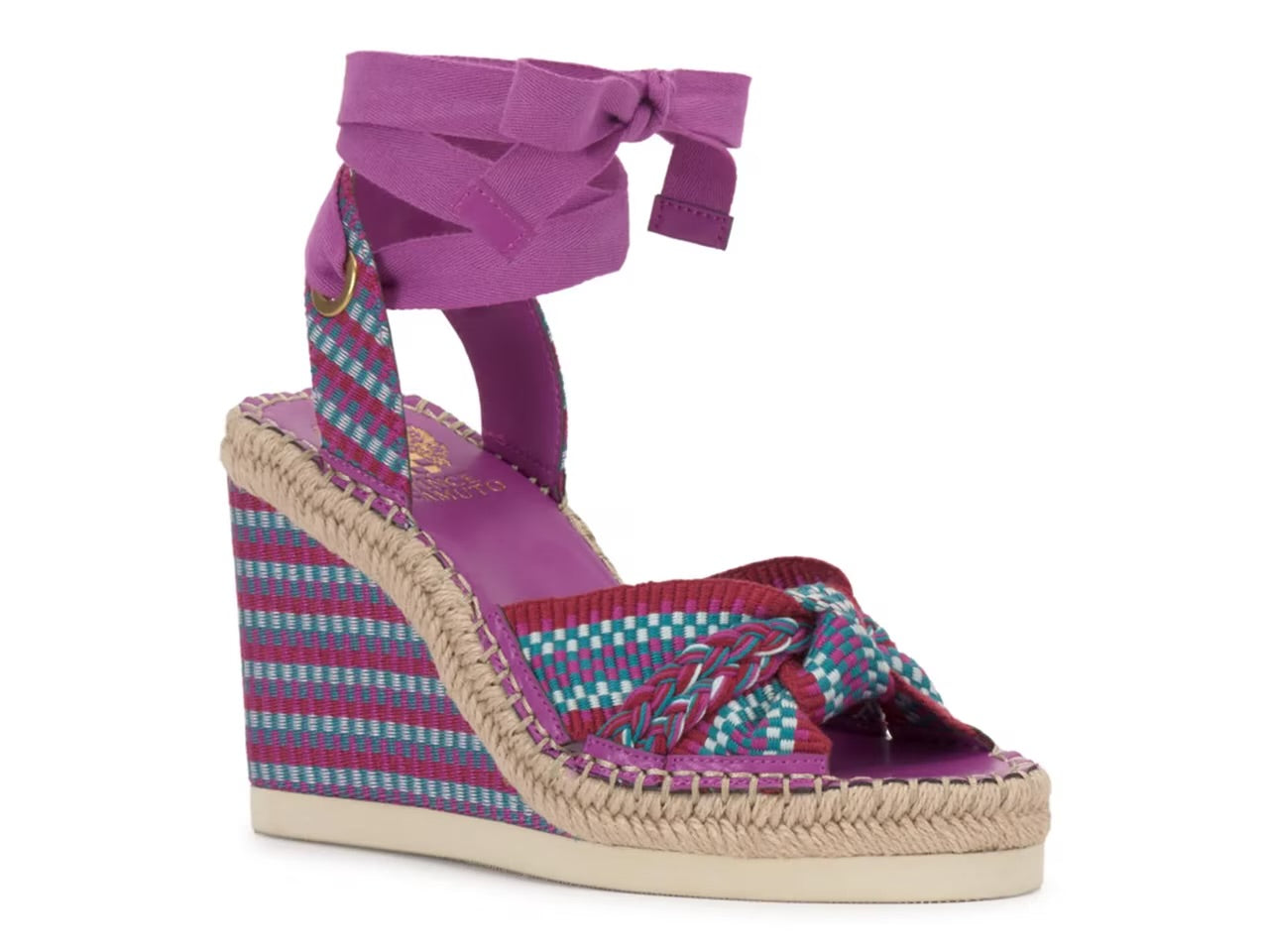 Colorful wedge sandal with a purple strap on a white background
