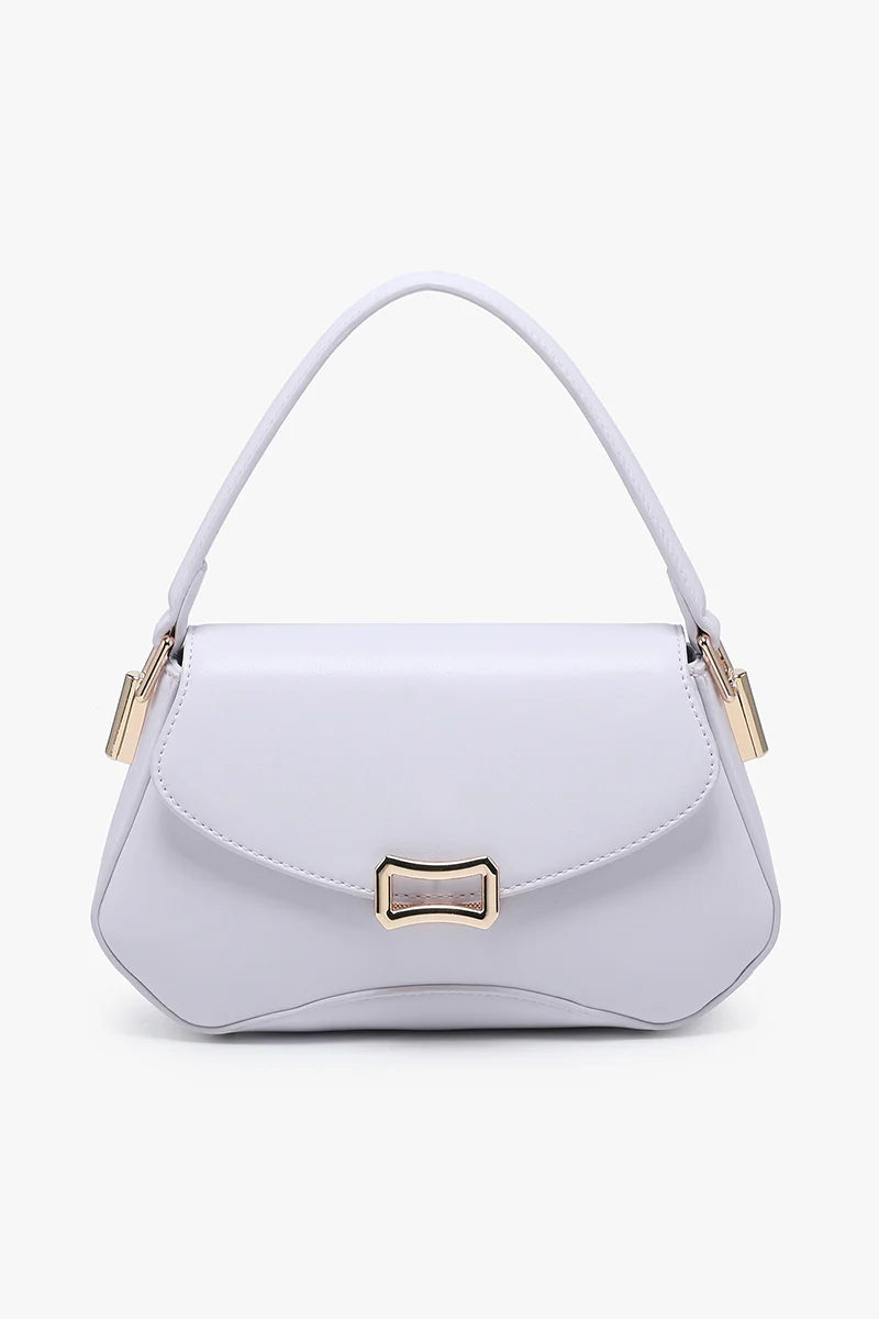 Lavender handbag with gold accents close-up