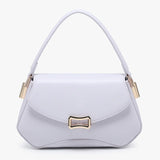 Lavender handbag with gold accents close-up