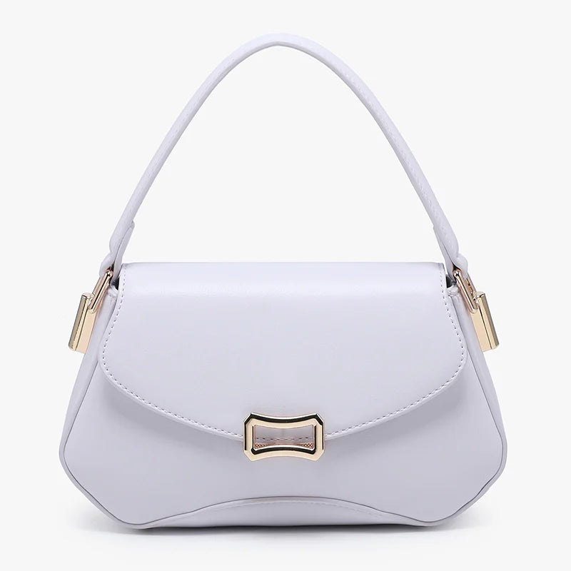 Lavender handbag with gold accents close-up