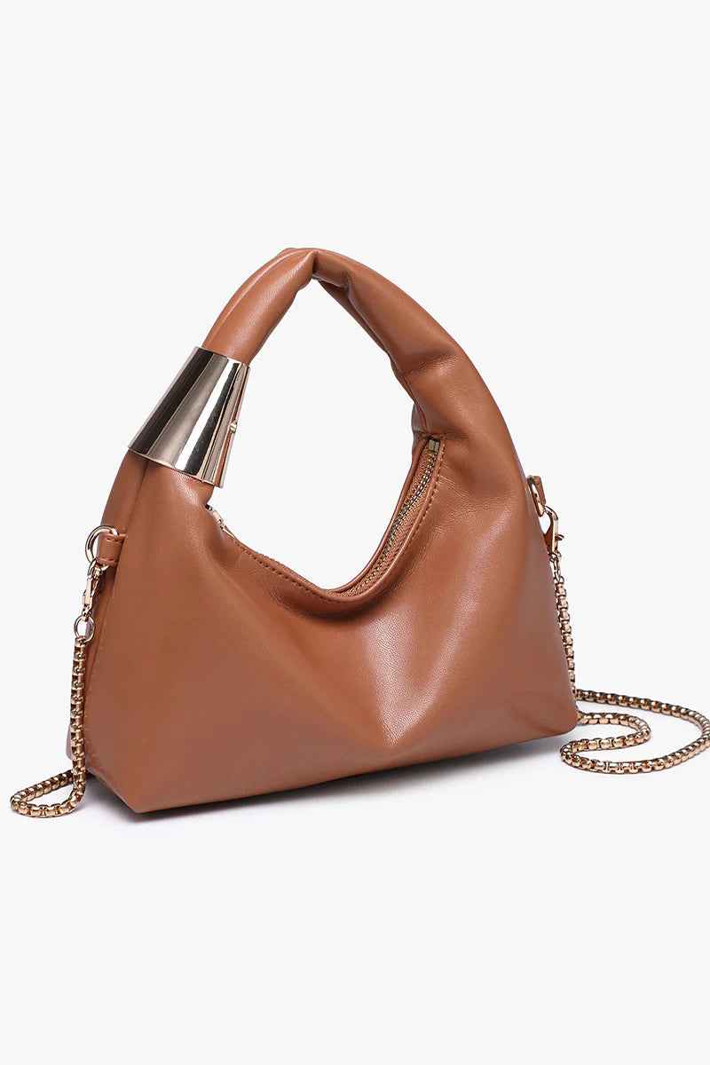 Brown handbag with gold chain and handle alt view