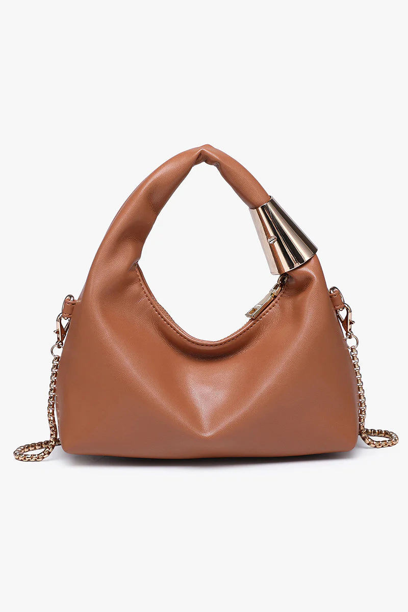 Brown handbag with gold chain and handle back