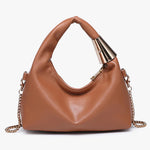 Brown handbag with gold chain and handle back