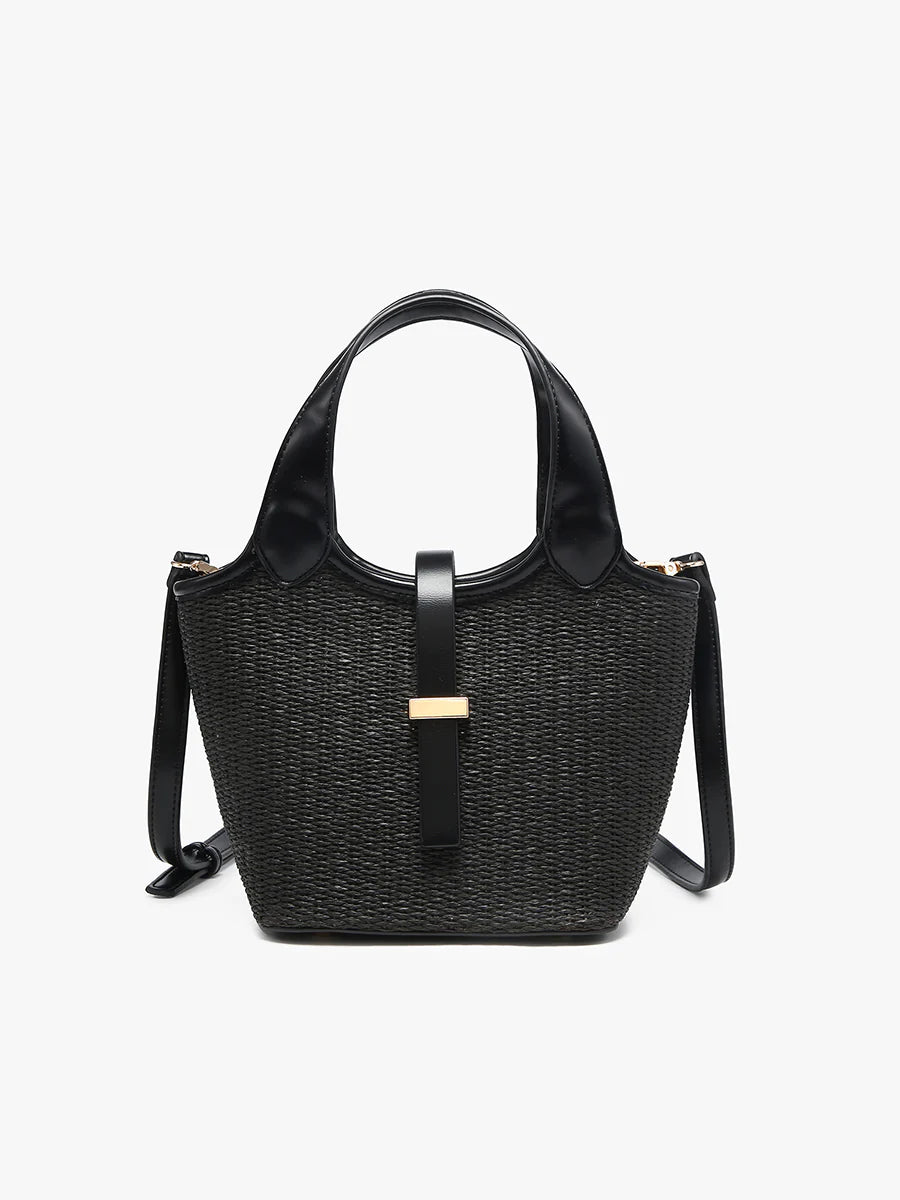 Black woven handbag with leather straps close-up