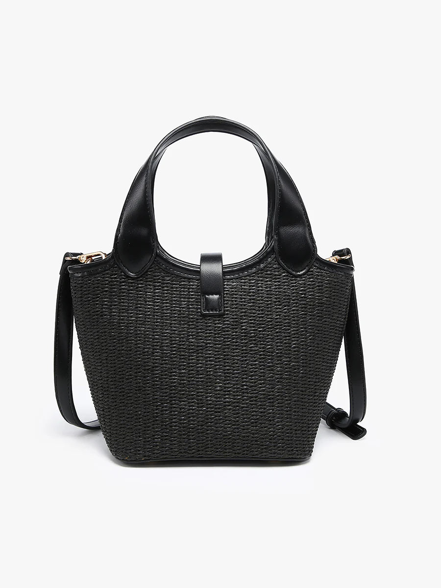 Black woven handbag with leather straps back