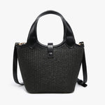 Black woven handbag with leather straps back