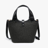 Black woven handbag with leather straps back
