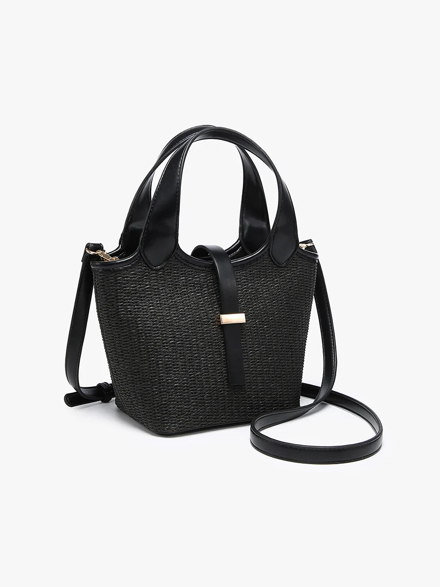 Black woven handbag with leather straps alt view