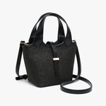 Black woven handbag with leather straps alt view