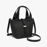 Black woven handbag with leather straps alt view