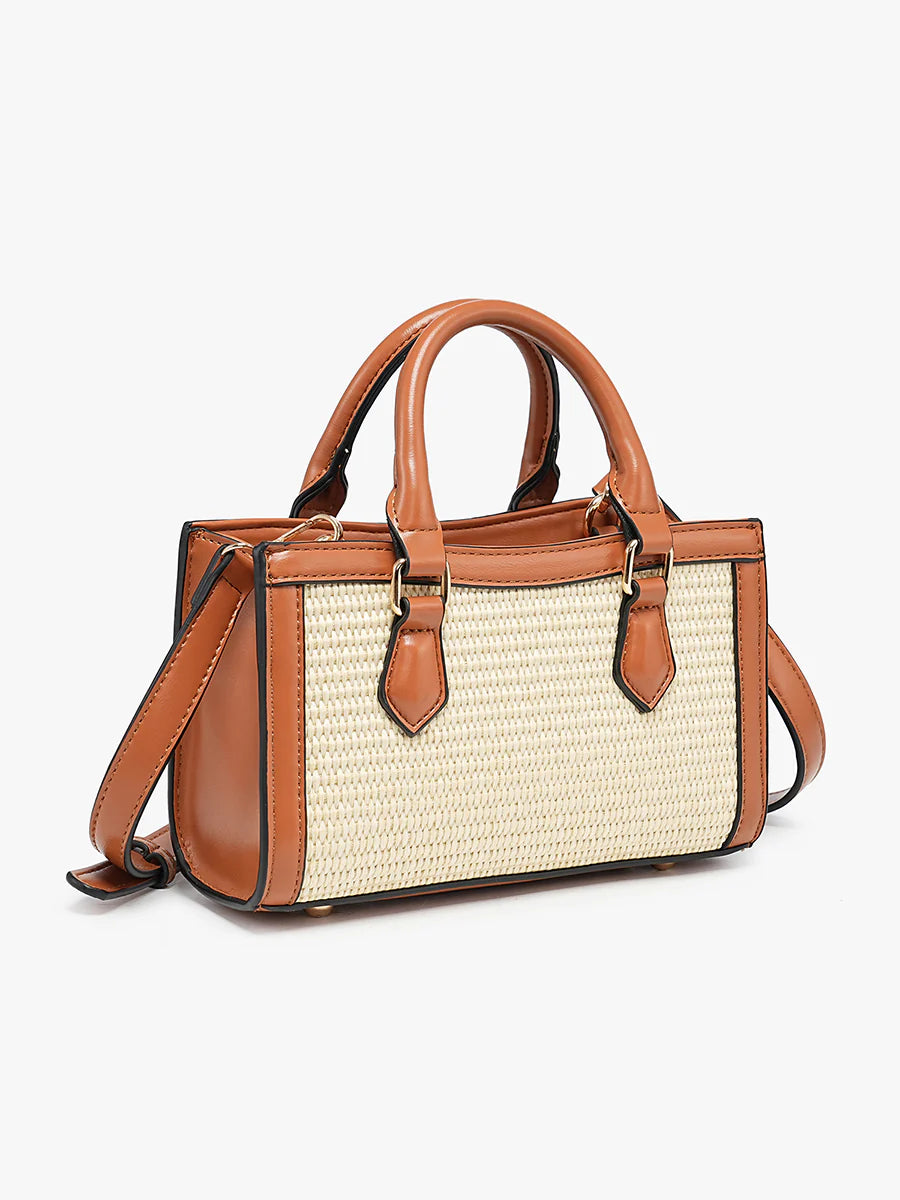 Handbag with straw-like texture and brown leather accents alt view