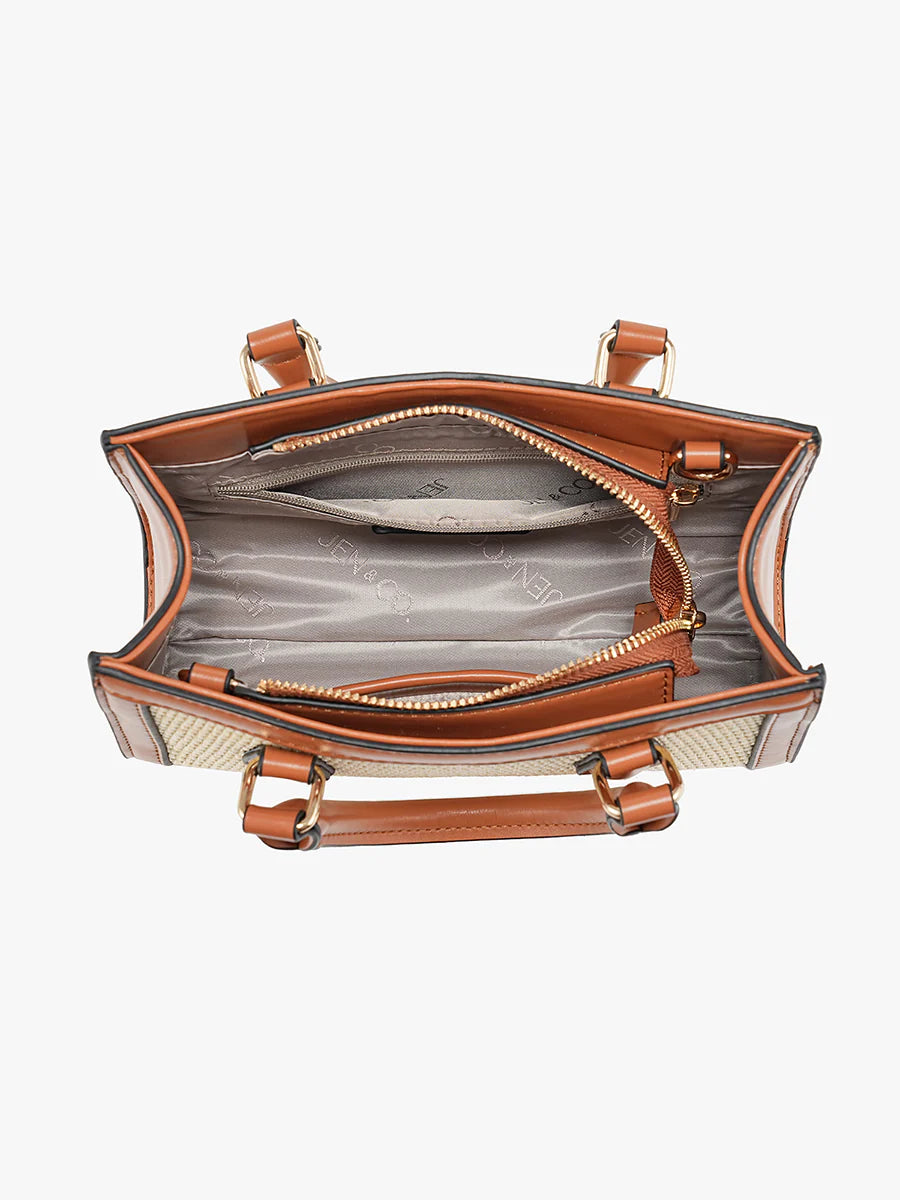 Handbag with straw-like texture and brown leather accents opening