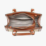 Handbag with straw-like texture and brown leather accents opening