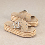 Beige sandal with woven sole pair