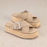 Beige sandal with woven sole pair