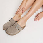Light brown suede slipper with a strap model 2