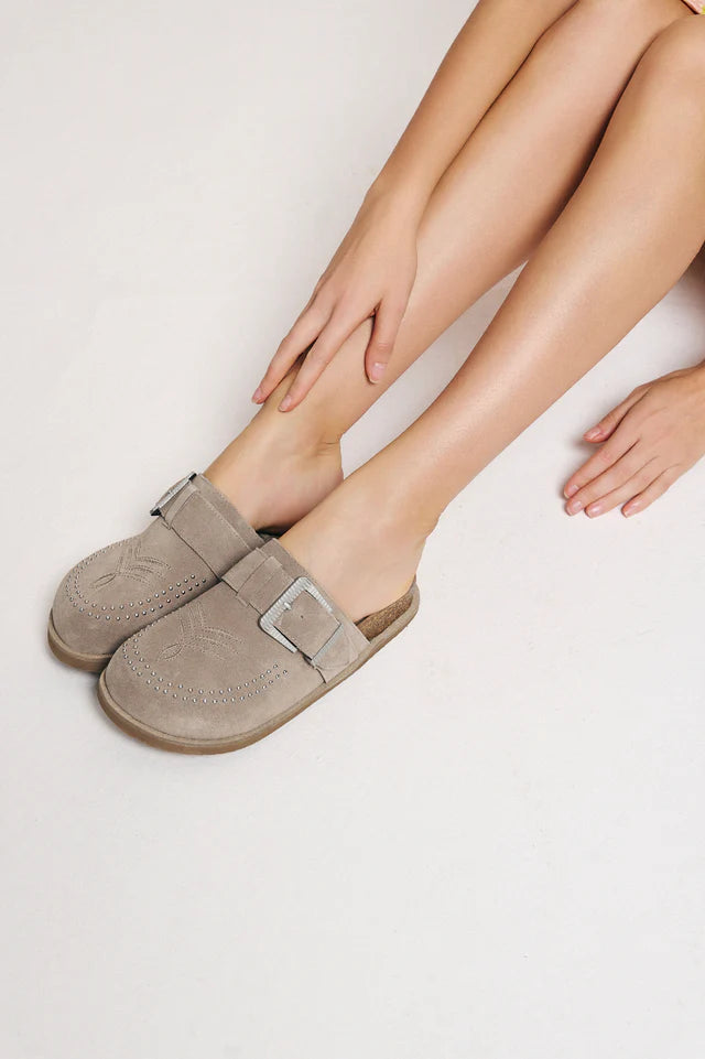 Light brown suede slipper with a strap model 2