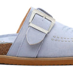 Light blue slipper with a buckle close-up