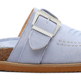Light blue slipper with a buckle close-up