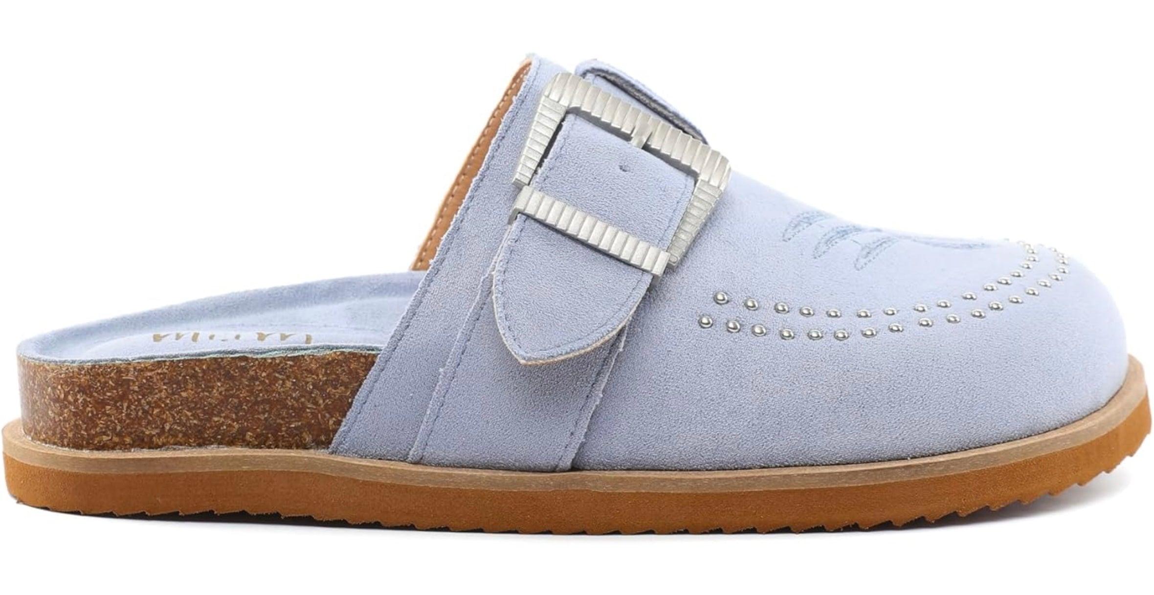 Light blue slipper with a buckle close-up