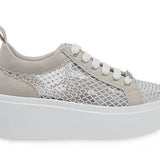 Gray sneaker with a big white sole close-up