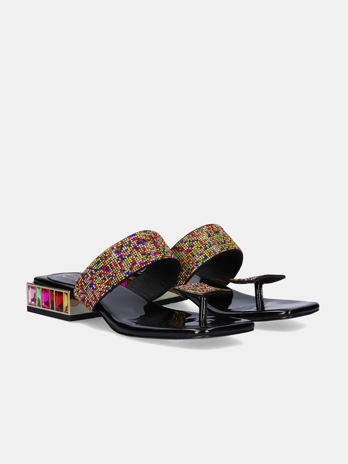 Black sandal with colorful gemstones and toe post pair