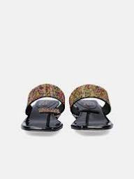 Black sandal with colorful gemstones and toe post front