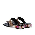 Black sandal with colorful gemstones and toe post heel