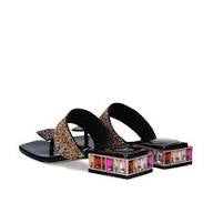 Black sandal with colorful gemstones and toe post heel