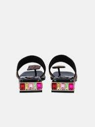Black sandal with colorful gemstones and toe post heel 2
