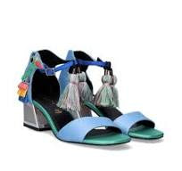 Colorful heel with block heel and multi-colored tassel on strap pair