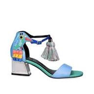 Colorful heel with block heel and multi-colored tassel on strap close-up