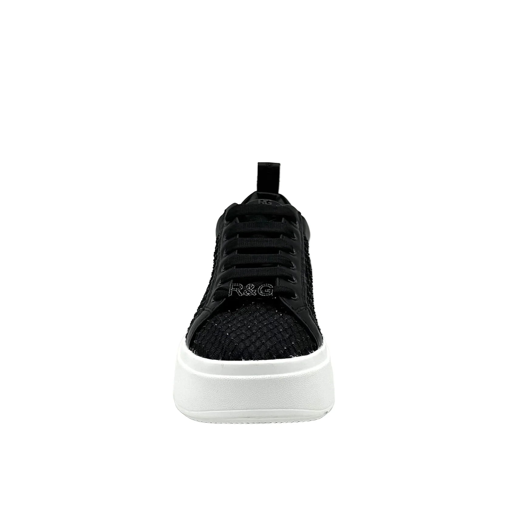 Black mesh sneaker with a white sole front