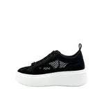 Black mesh sneaker with a white sole inside