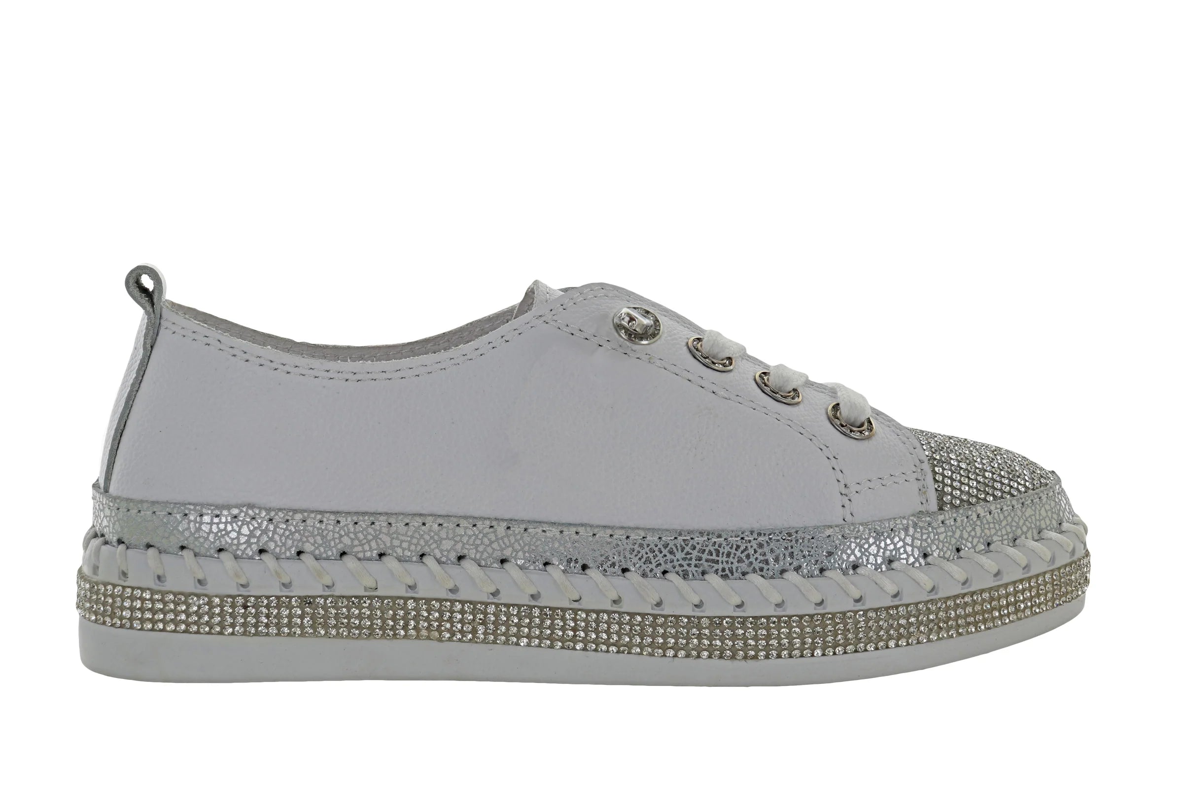 Gray sneaker with rhinestone details close-up