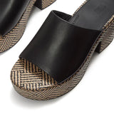 Black platform sandal with woven pattern close-up 2