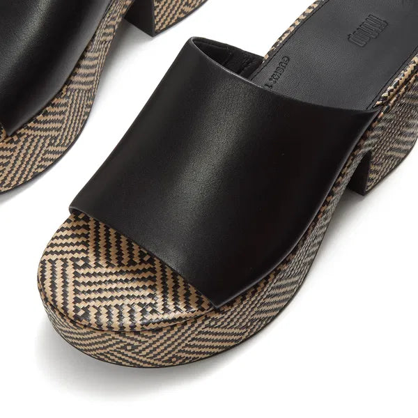 Black platform sandal with woven pattern close-up 2