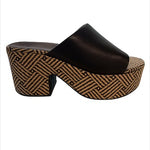Black platform sandal with woven pattern close-up