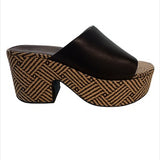 Black platform sandal with woven pattern close-up