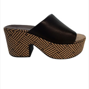 Black platform sandal with woven pattern close-up