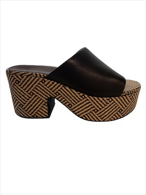 Black platform sandal with woven pattern close-up